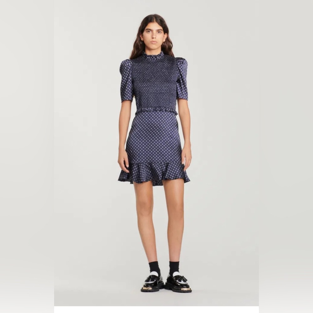 Sandro Navy White Printed Satin 3/4 Puff Sleeve Smocked Ruffle Sheath Dress 10